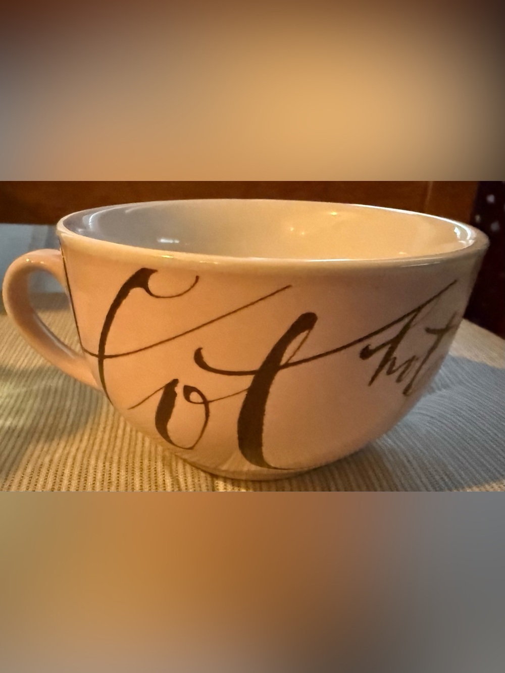 “Hot Chocolate” Pink & white mug w/brown script lettering